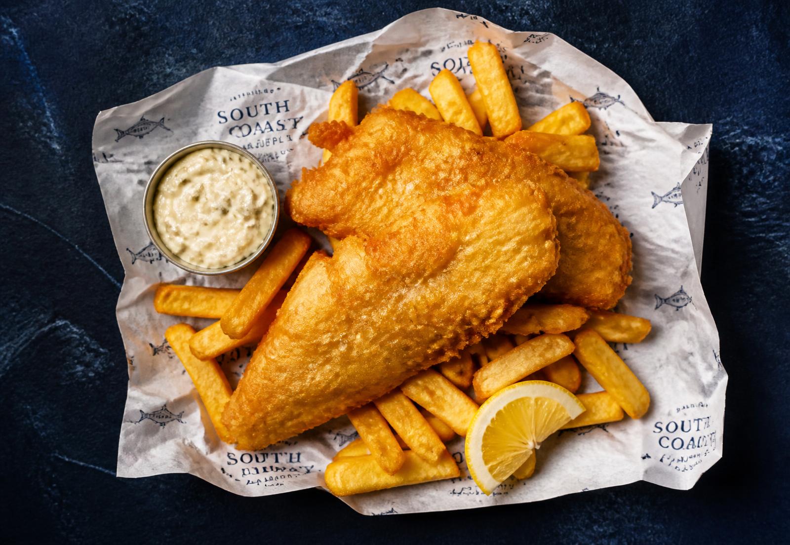 Golden battered fish and chips on butcher paper with tartare sauce and lemon